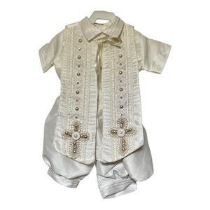 Elegant Ivory Baby Boy Christening Outfit Embroidered Vest & Shorts Set Size 1